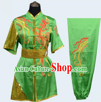 Top Grade Martial Arts Costume Kung Fu Training Long Fist Clothing, Tai Ji Green Embroidery Uniform Gongfu Wushu Costume for Women for Men