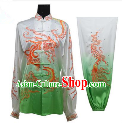 Top Grade Martial Arts Costume Kung Fu Training Gradient Green Clothing, Tai Ji Embroidery Dragon Long Fist Uniform Gongfu Wushu Costume for Women for Men
