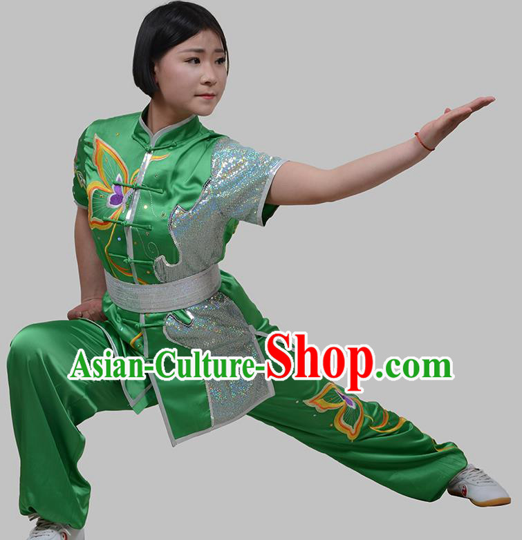 Top Grade China Martial Arts Costume Kung Fu Training Embroidery Butterfly Clothing, Chinese Embroidery Tai Ji Green Uniform Gongfu Wushu Costume for Women