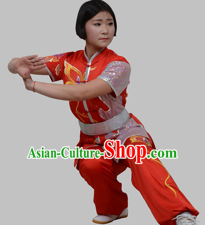Top Grade China Martial Arts Costume Kung Fu Training Embroidery Butterfly Clothing, Chinese Embroidery Tai Ji Red Uniform Gongfu Wushu Costume for Women