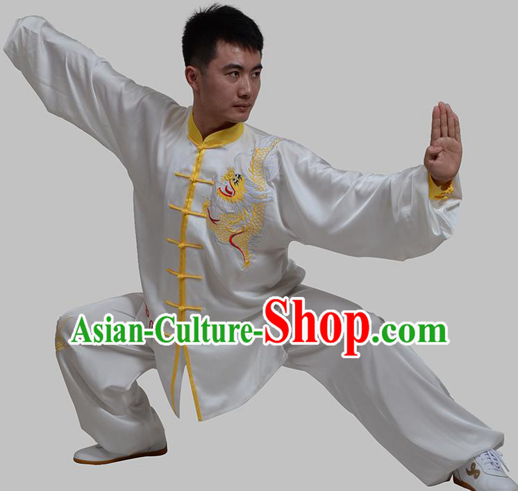 Top Grade China Martial Arts Costume Kung Fu Training Embroidery White Clothing, Chinese Embroidery Dragon Tai Ji Uniform Gongfu Wushu Costume for Men
