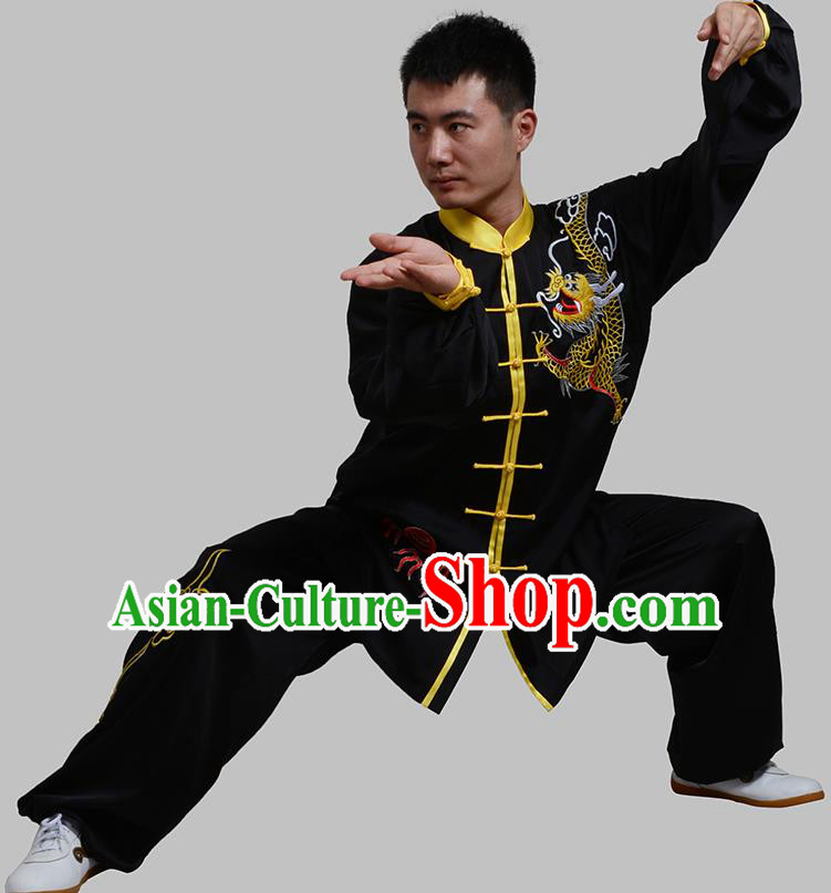 Top Grade China Martial Arts Costume Kung Fu Training Embroidery Black Clothing, Chinese Embroidery Dragon Tai Ji Uniform Gongfu Wushu Costume for Men