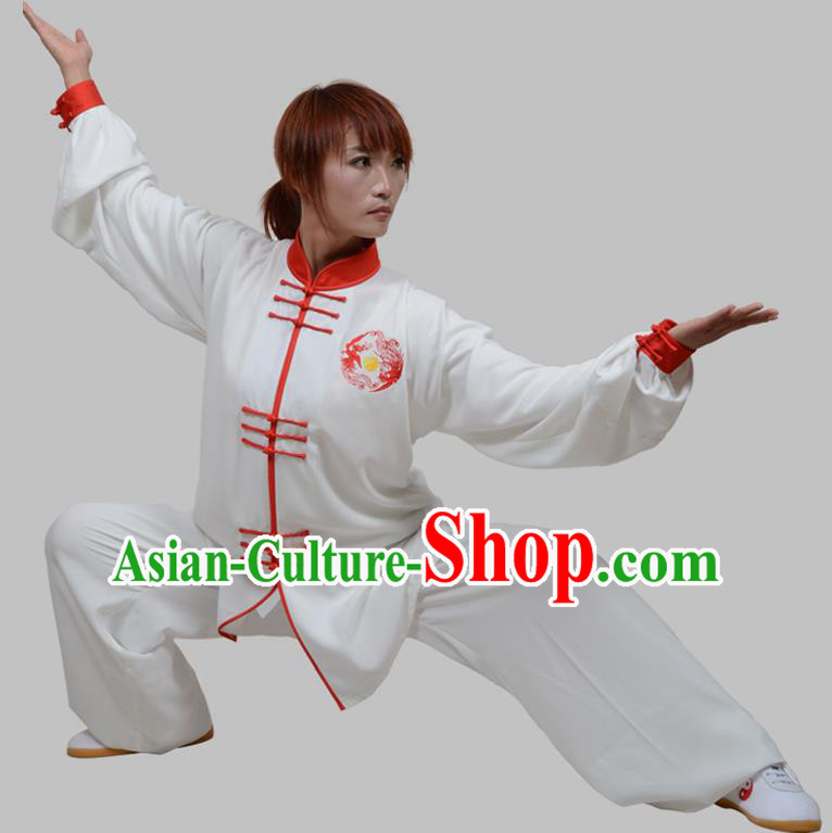 Top Grade China Martial Arts Costume Kung Fu Training Red Plated Buttons Clothing, Chinese Embroidery Tai Ji White Uniform Gongfu Wushu Costume for Women for Men