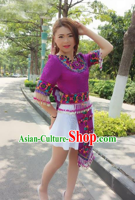 Traditional Chinese Miao Nationality Costume, Hmong Folk Dance Ethnic Purple Tassel Short Pleated Skirt, Chinese Minority Nationality Embroidery Clothing for Women