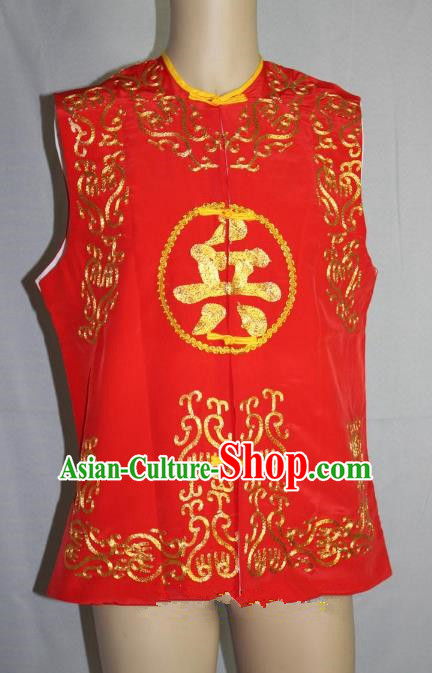 Traditional China Beijing Opera Takefu Vest Costume, Ancient Chinese Peking Opera Wu-Sheng Warrior Embroidery Red Clothing