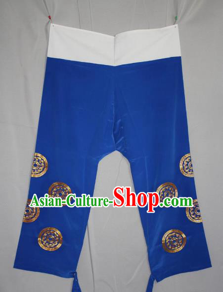 Traditional China Beijing Opera Takefu Costume Blue Pants, Ancient Chinese Peking Opera Wu-Sheng Warrior Embroidery Trousers Clothing