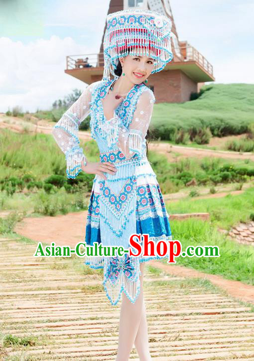 Traditional Chinese Miao Nationality Wedding Veil Costume Embroidered Blue Short Dress and Hat, Hmong Folk Dance Ethnic Chinese Minority Nationality Embroidery Clothing for Women