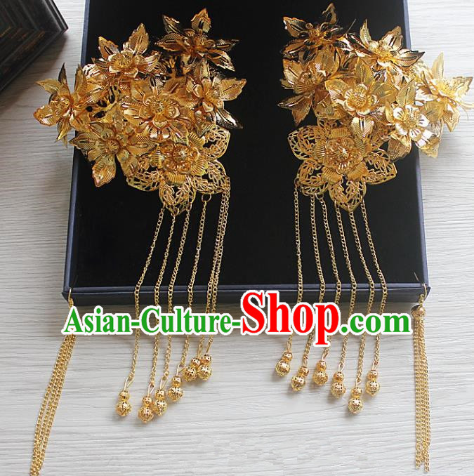 Traditional Handmade Chinese Ancient Classical Hair Accessories Barrettes Xiuhe Suit Hairpin, Flowers Long Tassel Step Shake, Hanfu Hair Fascinators for Women