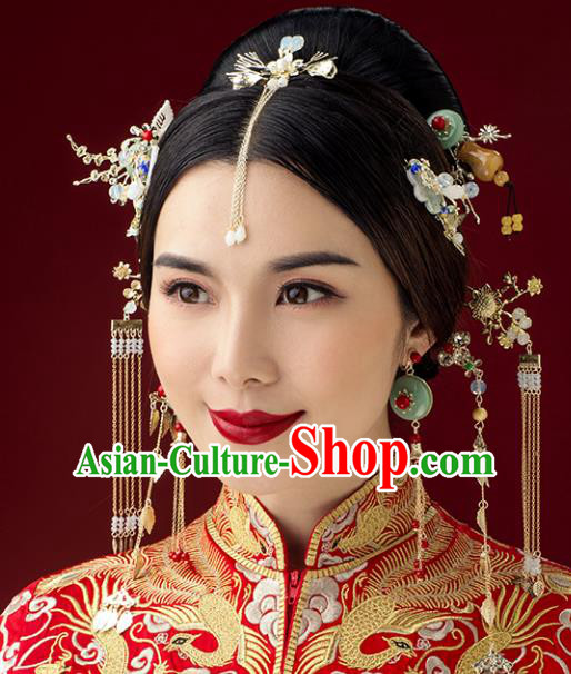 Traditional Handmade Chinese Ancient Classical Hair Accessories Barrettes Xiuhe Suit Jade Hairpins Complete Set, Tassel Step Shake Hanfu Hair Fascinators for Women