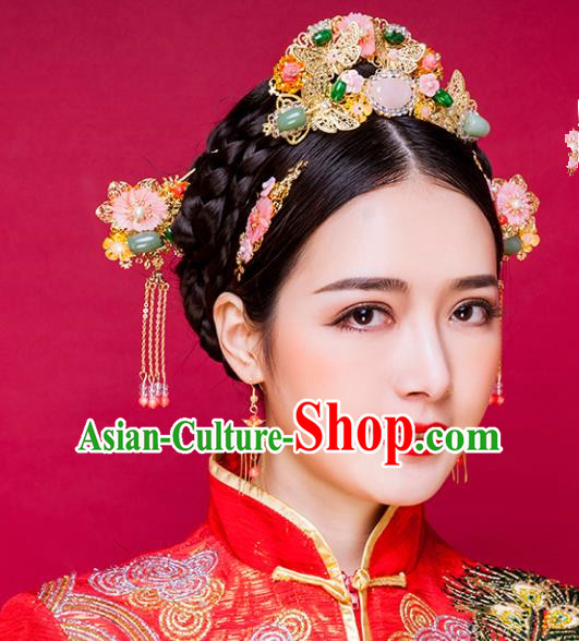 Traditional Handmade Chinese Ancient Classical Hair Accessories Barrettes Xiuhe Suit Pink Shell Hairpins Complete Set, Tassel Step Shake Hanfu Hair Fascinators for Women