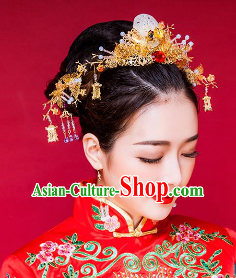 Traditional Handmade Chinese Ancient Classical Hair Accessories Barrettes Xiuhe Suit Copper Phoenix Coronet Complete Set, Long Tassel Step Shake, Hanfu Hairpins Hair Fascinators for Women