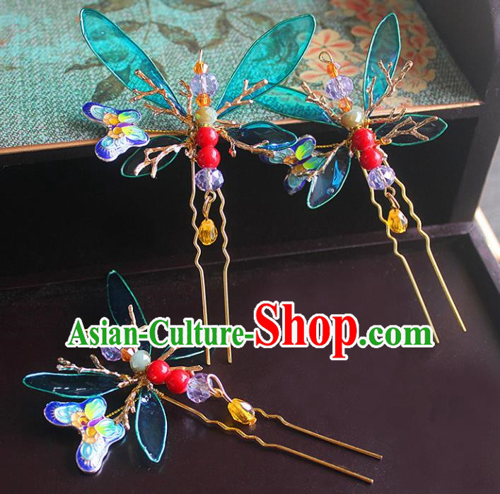 Traditional Handmade Chinese Ancient Classical Hair Accessories Barrettes Xiuhe Suit Blue Butterfly Hairpin, Hanfu Hair Fascinators for Women