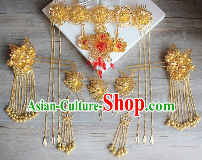 Traditional Handmade Chinese Ancient Classical Hair Accessories Barrettes Xiuhe Suit Golden Phoenix Coronet Complete Set, Hanfu Hairpins Hair Fascinators for Women
