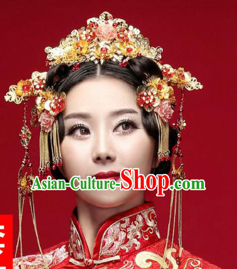Traditional Handmade Chinese Ancient Classical Hair Accessories Barrettes Xiuhe Suit Phoenix Coronet Complete Set, Hanfu Hairpins Hair Fascinators for Women