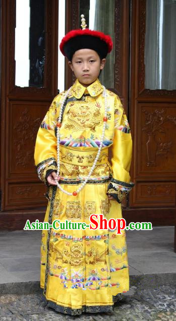 Traditional China Beijing Opera Qing Dynasty Emperor Costume Children Embroidered Robe, Chinese Peking Opera Manchu King Embroidery Dragon Clothing for Kids