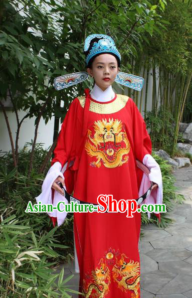 Top Grade Professional Beijing Opera Niche Costume Lang Scholar Red Embroidered Robe and Hat, Traditional Ancient Chinese Peking Opera Embroidery Clothing