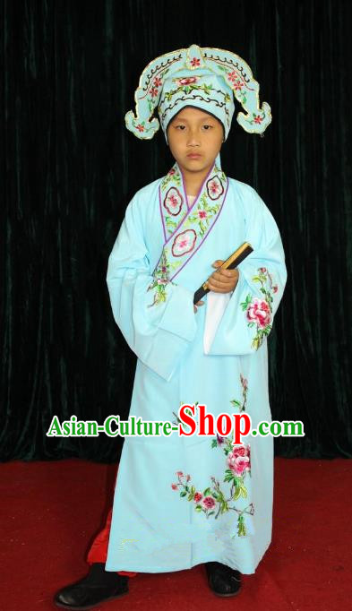 Top Grade Professional Beijing Opera Niche Costume Young Men Blue Embroidered Robe, Traditional Ancient Chinese Peking Opera Scholar Embroidery Clothing for Kids