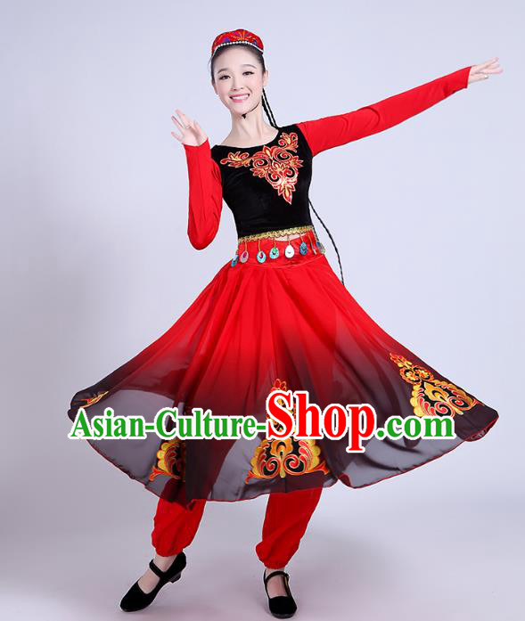 Traditional Chinese Uyghur Nationality Dancing Costume, Folk Dance Ethnic Costume, Chinese Minority Nationality Uigurian Dance Red Dress for Women