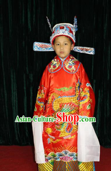 Top Grade Professional Beijing Opera Costume Red Embroidered Robe, Traditional Ancient Chinese Peking Opera Royal Highness Embroidery Gwanbok Clothing for Kids