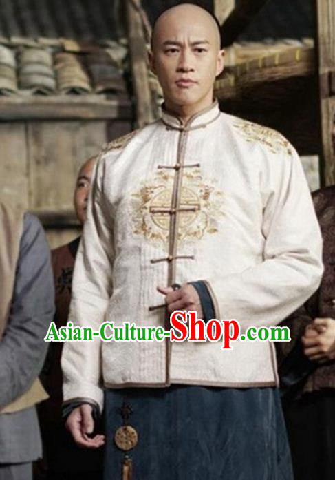 Traditional Chinese Ancient Qing Dynasty Embroidered Costume Businessman White Mandarin Jacket, Republic of China Nobility Childe Embroidery Clothing