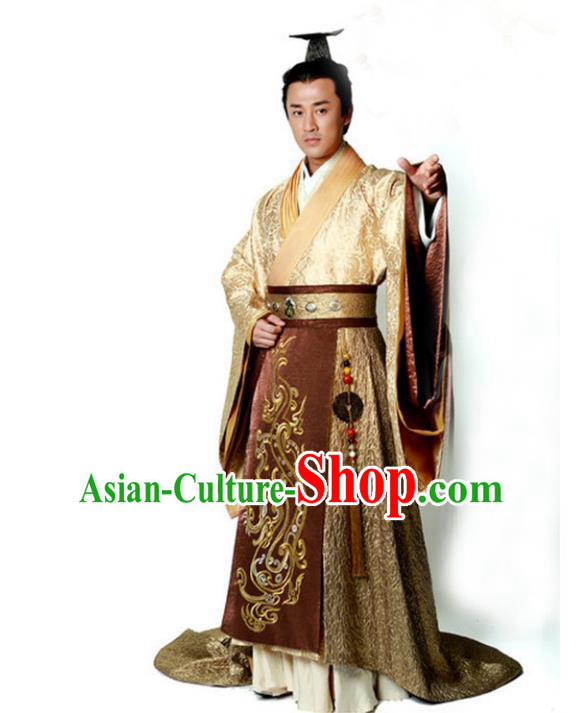 Traditional Chinese Ancient Qin Dynasty Emperor Embroidered Golden Costume, China Han Dynasty Majesty Embroidery Hanfu Clothing