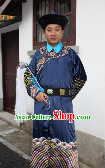 Top Grade Professional Beijing Opera Costume Qing Dynasty County Magistrate Navy Embroidered Robe, Traditional Ancient Chinese Peking Opera Manchu Minister Embroidery Gwanbok Clothing