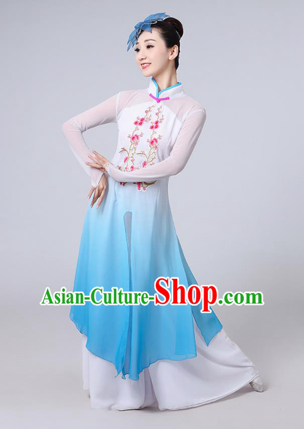 Traditional Chinese Classical Dance Yangge Fan Dance Costume, Chinese Classical Dance Folk Dance Blue Uniform Yangko Clothing for Women