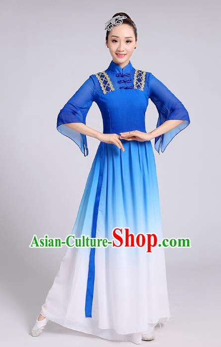 Traditional Chinese Yangge Fan Dance Costume, Chinese Classical Umbrella Dance Blue Chiffon Dress Yangko Embroidery Clothing for Women