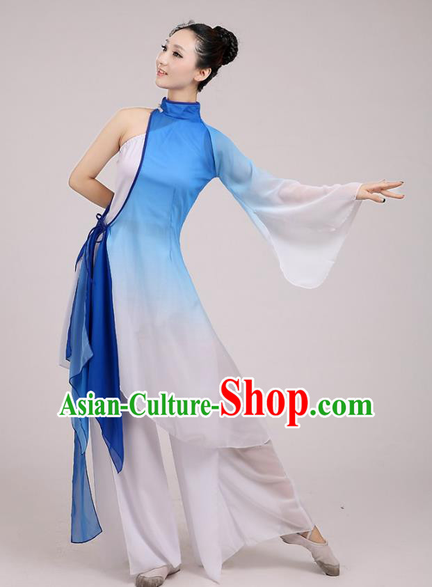 Traditional Chinese Folk Dance Costume Yangge Dance Blue Chiffon Uniform, Chinese Classical Fan Dance Umbrella Dance Yangko Embroidery Clothing for Women