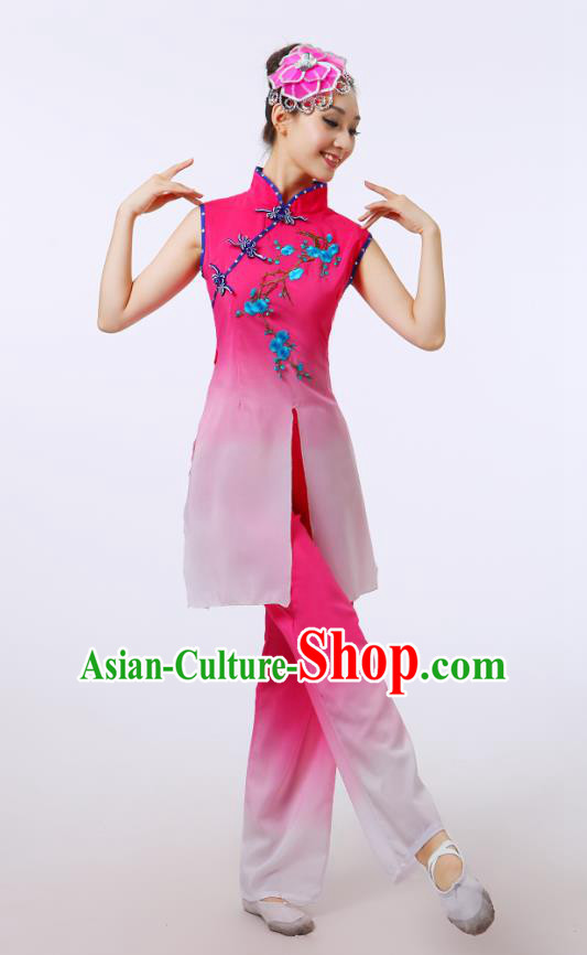 Traditional Chinese Folk Dance Costume Yangge Dance Pink Uniform, Chinese Classical Fan Dance Umbrella Dance Yangko Embroidery Cheongsam Clothing for Women