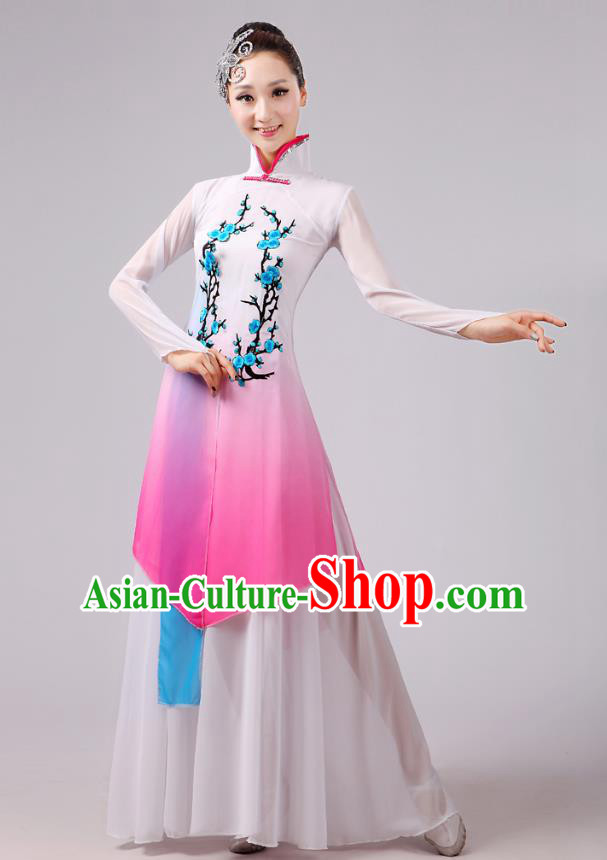 Traditional Chinese Folk Dance Costume Yangge Dance Embroidery Plum Blossom Uniform, Chinese Classical Fan Dance Umbrella Dance Yangko Pink Clothing for Women
