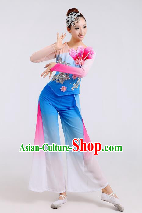 Traditional Chinese Folk Dance Costume Yangge Dance Blue Uniform, Chinese Classical Fan Dance Waist Drum Dance Yangko Clothing for Women