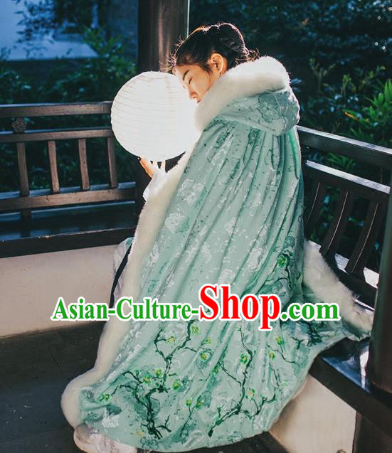 Traditional Chinese Hanfu Han Dynasty Costume Princess Cloak, Elegant Hanfu Clothing Chinese Ancient Palace Lady Embroidery Plum Blossom Green Mantle