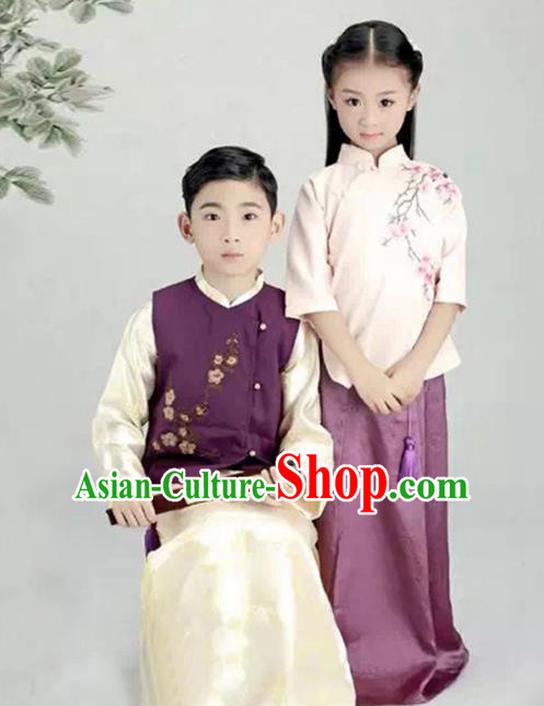 Traditional Chinese Nobility Childe and Lady Costume, Elegant Hanfu Clothing Chinese Ancient Republic of China Embroidery Robe Clothing fir Kids