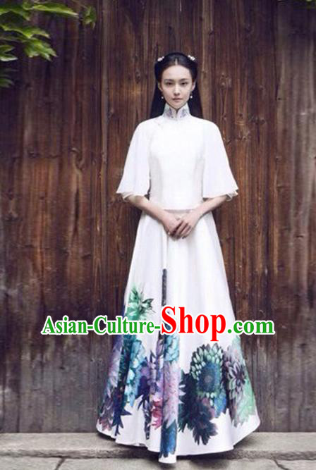 Traditional Chinese Ancient Nobility Lady Costume White Blouse and Skirt, Elegant Hanfu Clothing Chinese Republic of China Young Lady Embroidery Cheongsam Clothing