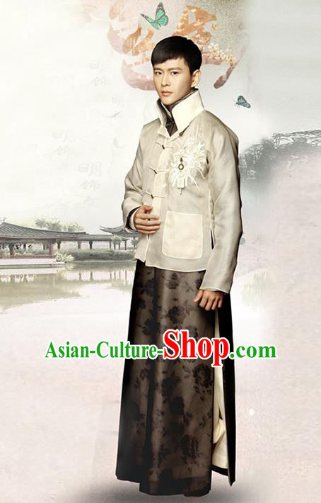 Traditional Chinese Nobility Childe Costume Beige Mandarin Jacket and Long Robe, Chinese Republic of China Young Master Embroidery Clothing for Men