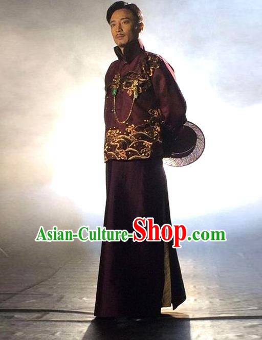 Traditional Chinese Nobility Childe Costume Purple Mandarin Jacket and Long Robe, Chinese Republic of China Young Master Embroidery Clothing for Men