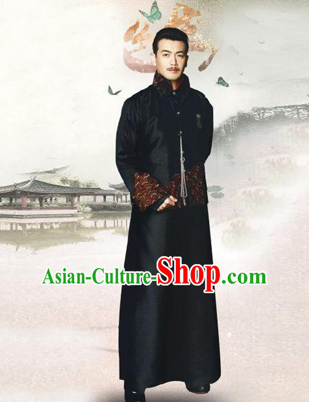 Traditional Chinese Nobility Childe Costume Black Mandarin Jacket and Long Robe, Chinese Republic of China Young Master Embroidery Clothing for Men