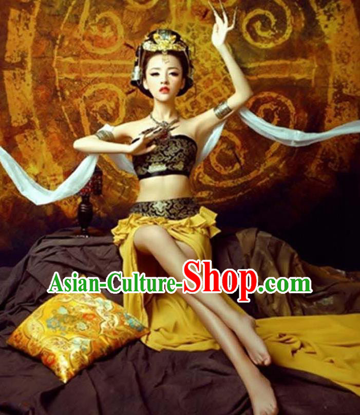 Traditional Ancient Chinese Dunhuang Flying Apsaras Dance Golden Costume, Elegant Hanfu Clothing Chinese Palace Lady Fairy Clothing for Women
