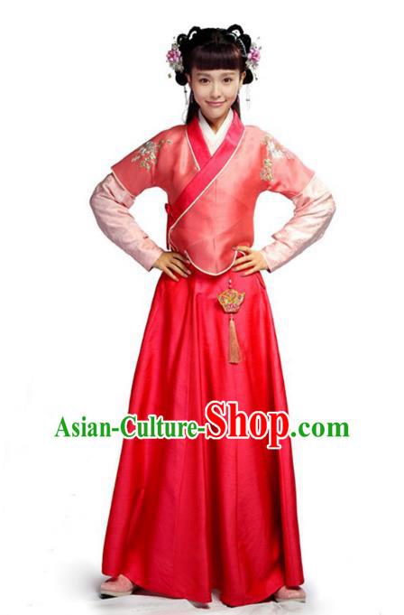 Traditional Chinese Ancient Nobility Lady Costume, Elegant Hanfu Clothing Chinese Ming Dynasty Young Lady Swordswoman Embroidery Red Dress Clothing