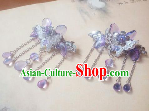 Traditional Chinese Ancient Classical Handmade Hair Accessories Palace Lady Purple Beads Tassel Butterfly Hairpin, Hanfu Hair Claw Hair Fascinators Hairpins for Women