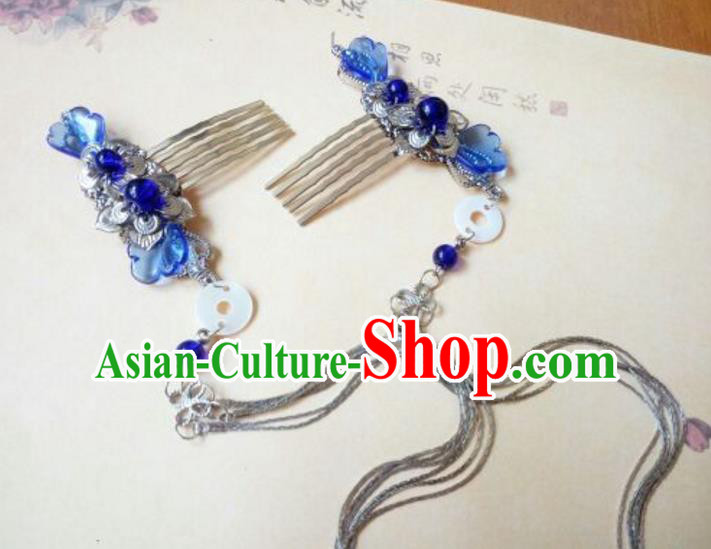 Traditional Chinese Ancient Classical Handmade Hair Accessories Barrettes Hairpin, Hanfu Blue Hair Comb Tassel Step Shake Hair Fascinators Hairpins for Women