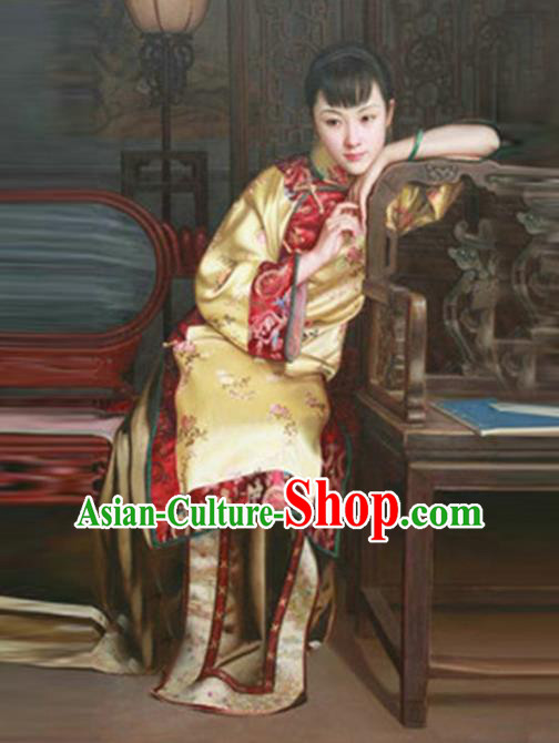 Traditional Ancient Chinese Republic of China Peeresses Costume Yellow Xiuhe Suit, Elegant Hanfu Clothing Chinese Qing Dynasty Nobility Dowager Clothing for Women
