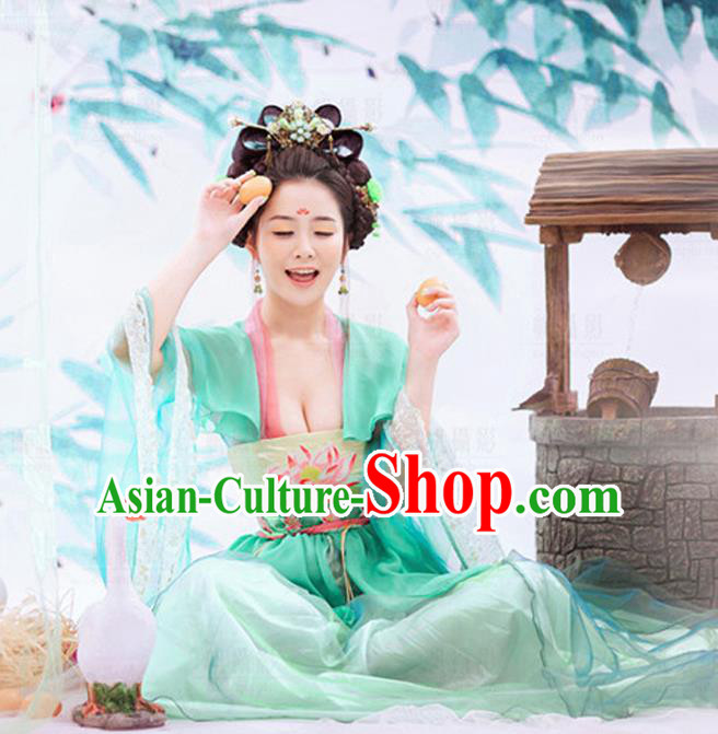 Traditional Ancient Chinese Imperial Consort Green Costume, Elegant Hanfu Clothing Chinese Tang Dynasty Imperial Empress Embroidered Clothing for Women