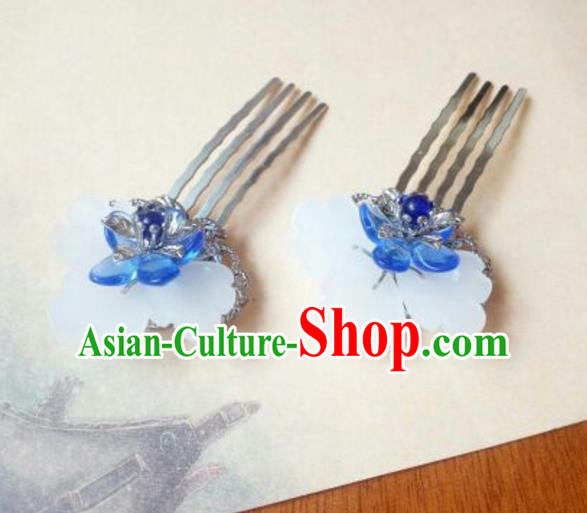 Traditional Handmade Chinese Ancient Classical Hanfu Hair Accessories, Princess Blue Flower Hairpins Hair Comb Headwear for Women