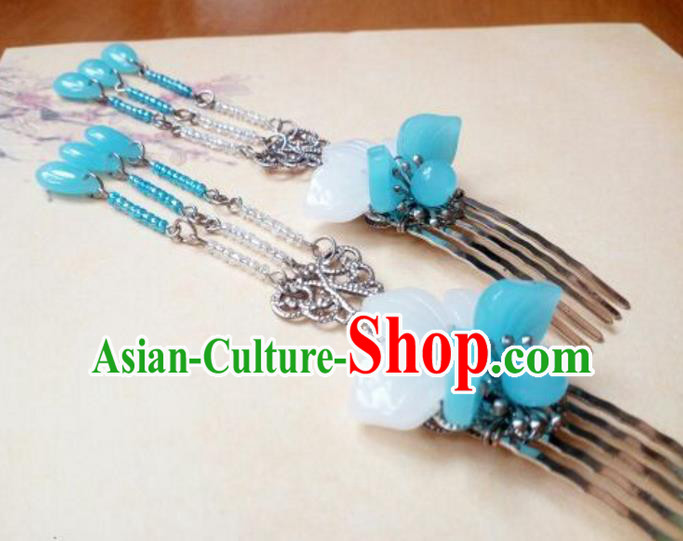 Traditional Handmade Chinese Ancient Classical Hair Accessories Blue Tassel Hairpin Headwear Hair Stick for Women
