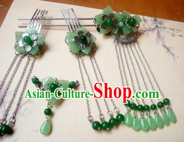Traditional Handmade Chinese Ancient Classical Hair Accessories Green Jade Tassel Hairpin Complete Set Headwear Hair Stick for Women