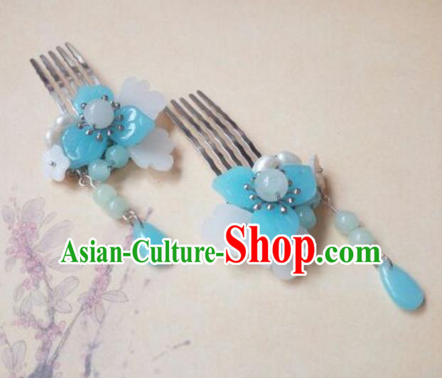 Traditional Handmade Chinese Ancient Classical Hair Accessories Tassel Hairpin Blue Beads Hair Comb Headwear Hair Stick for Women