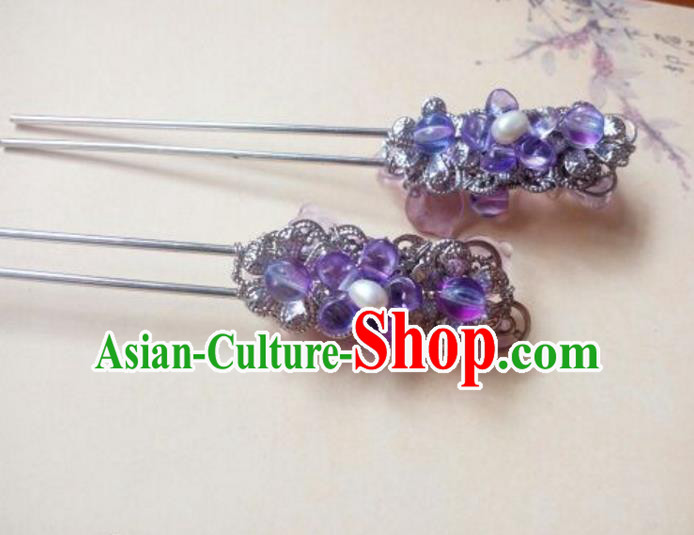 Traditional Handmade Chinese Ancient Classical Hair Accessories Pearl Hairpin Headwear Palace Lady Purple Hair Stick for Women