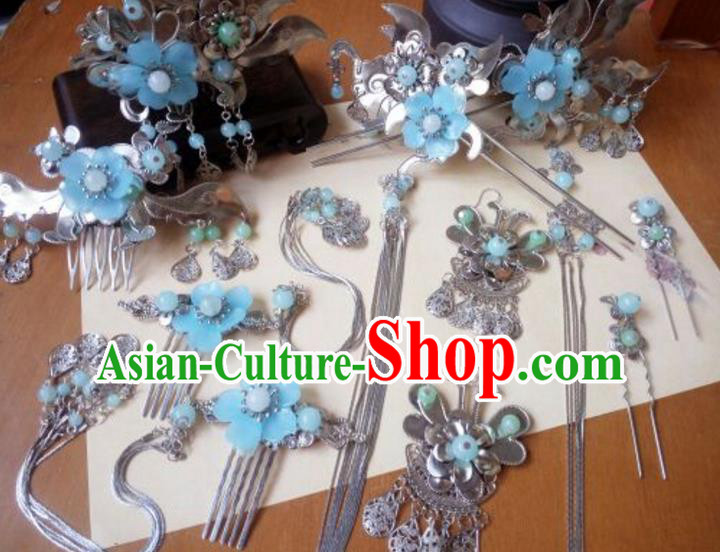 Traditional Handmade Chinese Ancient Classical Hair Accessories Hairpins Complete Set Blue Flower Tassel Hair Comb for Women